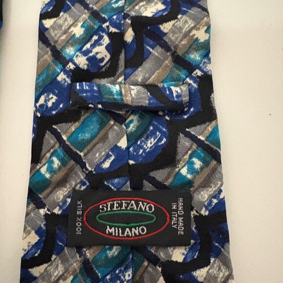 Stefano Milano Silk Tie Blue Teal Abstract Mens Necktie Handmade Italy Office - Picture 4 of 8